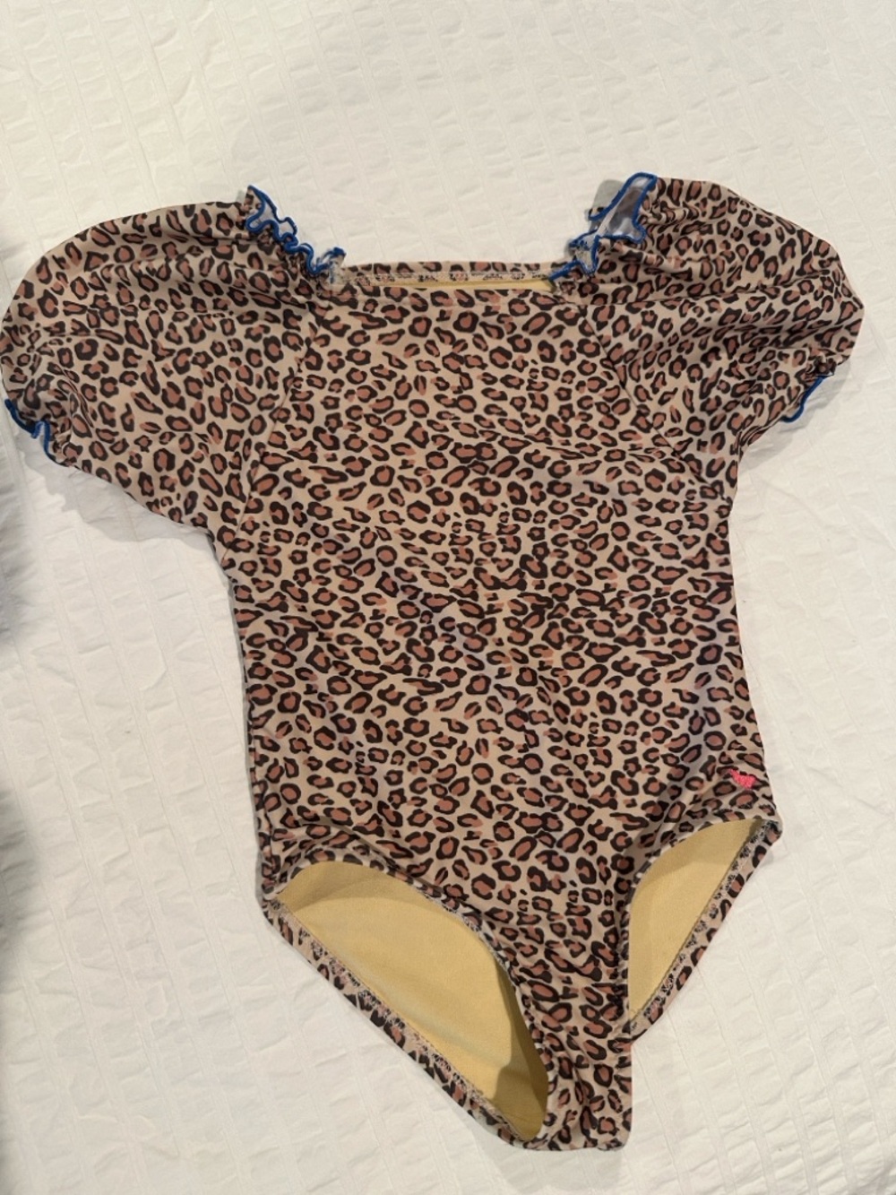 Pink Chicken Leopard Print One-Piece with Blue Ruffle Trim